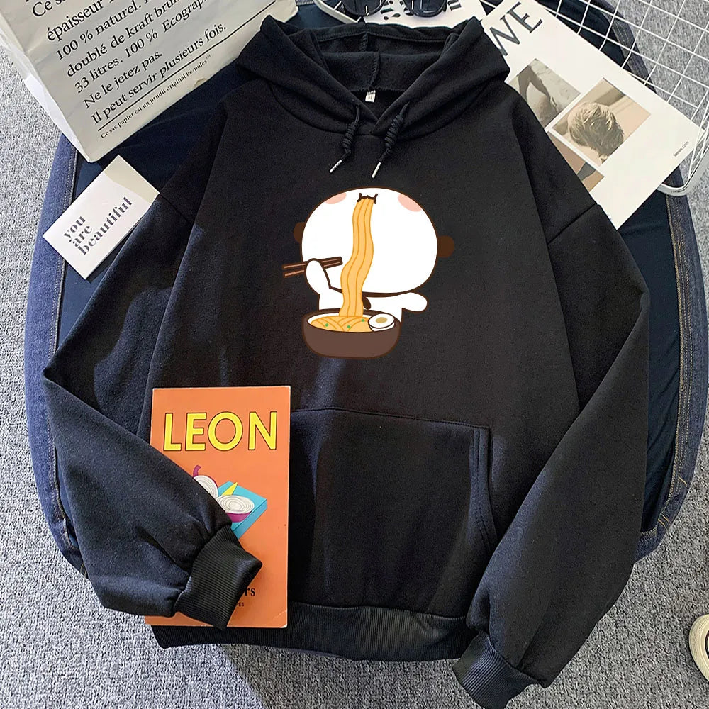 Cartoon Panda Bear Bubu Dudu Printing Hoodies Eating Ramen Graphic Sweatshirts Long Sleeve Women Winter Fleece Pullovers Kawaii