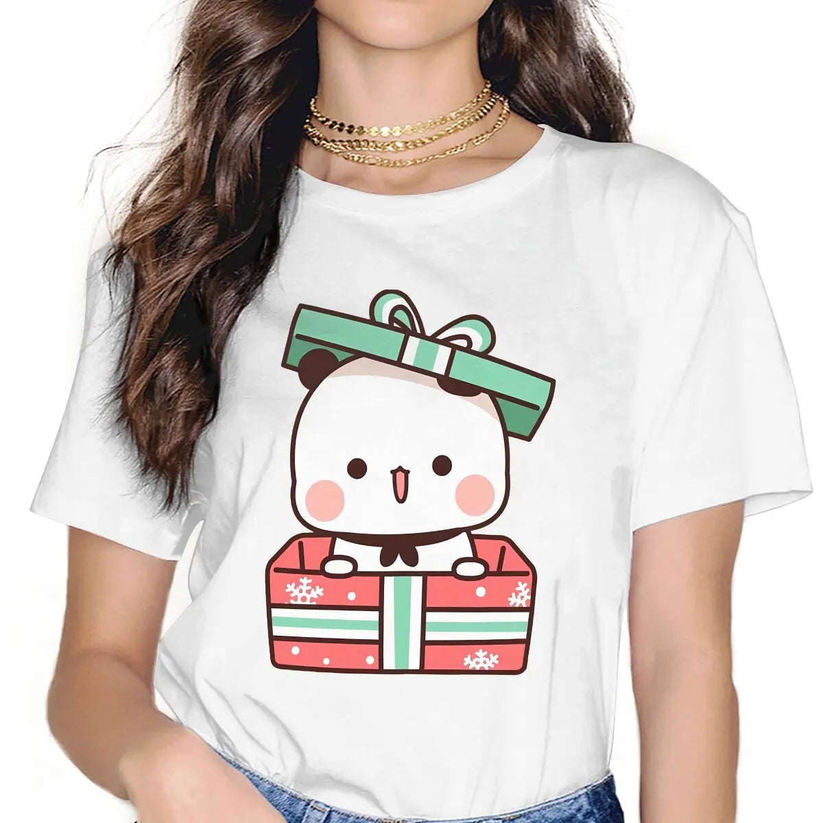 Christmas Gift Box TShirt For Women Milk and Mocha Bubu Dudu Y2k Tops Fashion Ladies Polyester T Shirt Basic Graphic