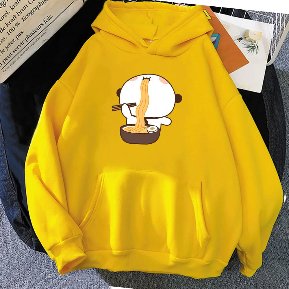 Cartoon Panda Bear Bubu Dudu Printing Hoodies Eating Ramen Graphic Sweatshirts Long Sleeve Women Winter Fleece Pullovers Kawaii