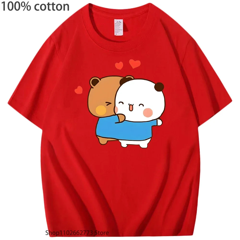 Funny Bubu and Dudu T-Shirts Panda Bear Love Graphic Shirts for Woment Kawaii Cute Girls Tshirt Men's Clothing 100%Cotton Tees