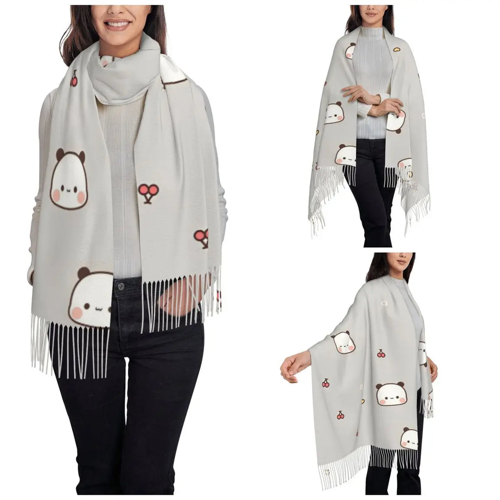 Womens Tassel Scarf Bubu Dudu Panda Bears Cartoon Large Winter Warm Shawl Wrap Cherry Heart Daily Wear Cashmere Scarf