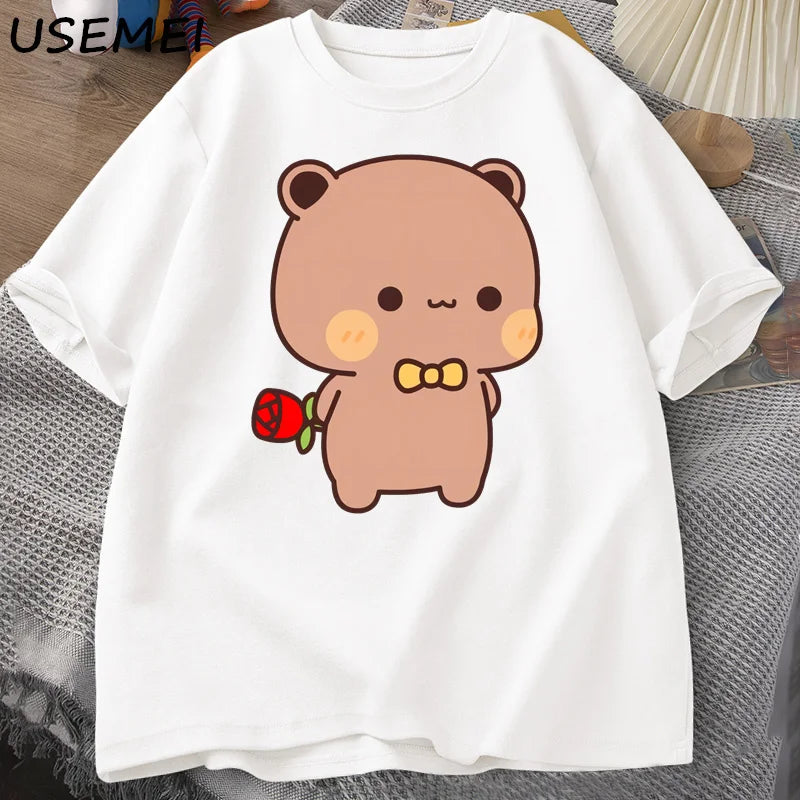 DuDu Bear Surprising Panda BuBu with A Flower T-shirt Funny Cute Buu Duu Graphic T Shirts Women Men Couple T Shirt Clothes