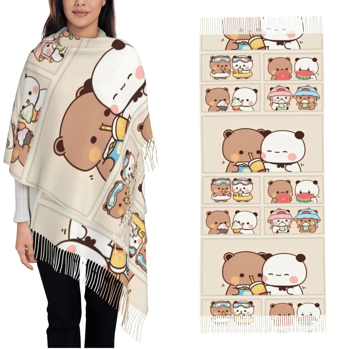 Womens Tassel Scarf Bubu Dudu Panda Bears Cartoon Large Winter Warm Shawl Wrap Cherry Heart Daily Wear Cashmere Scarf