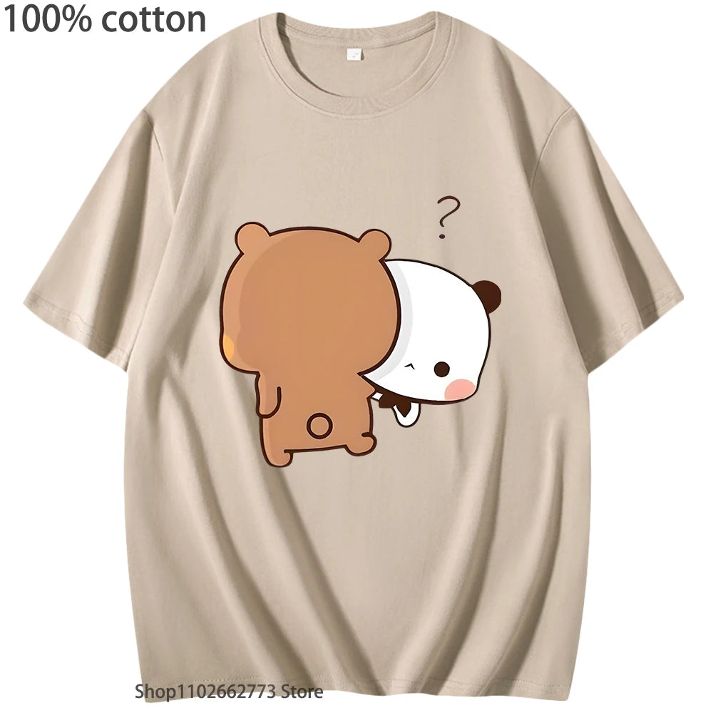 DuDu Bear Running Carrying His Love BuBu Panda T-Shirts Kawaii Print Tshirts 100% Cotton Tops Y2k Clothes Women Men Tees Unisex