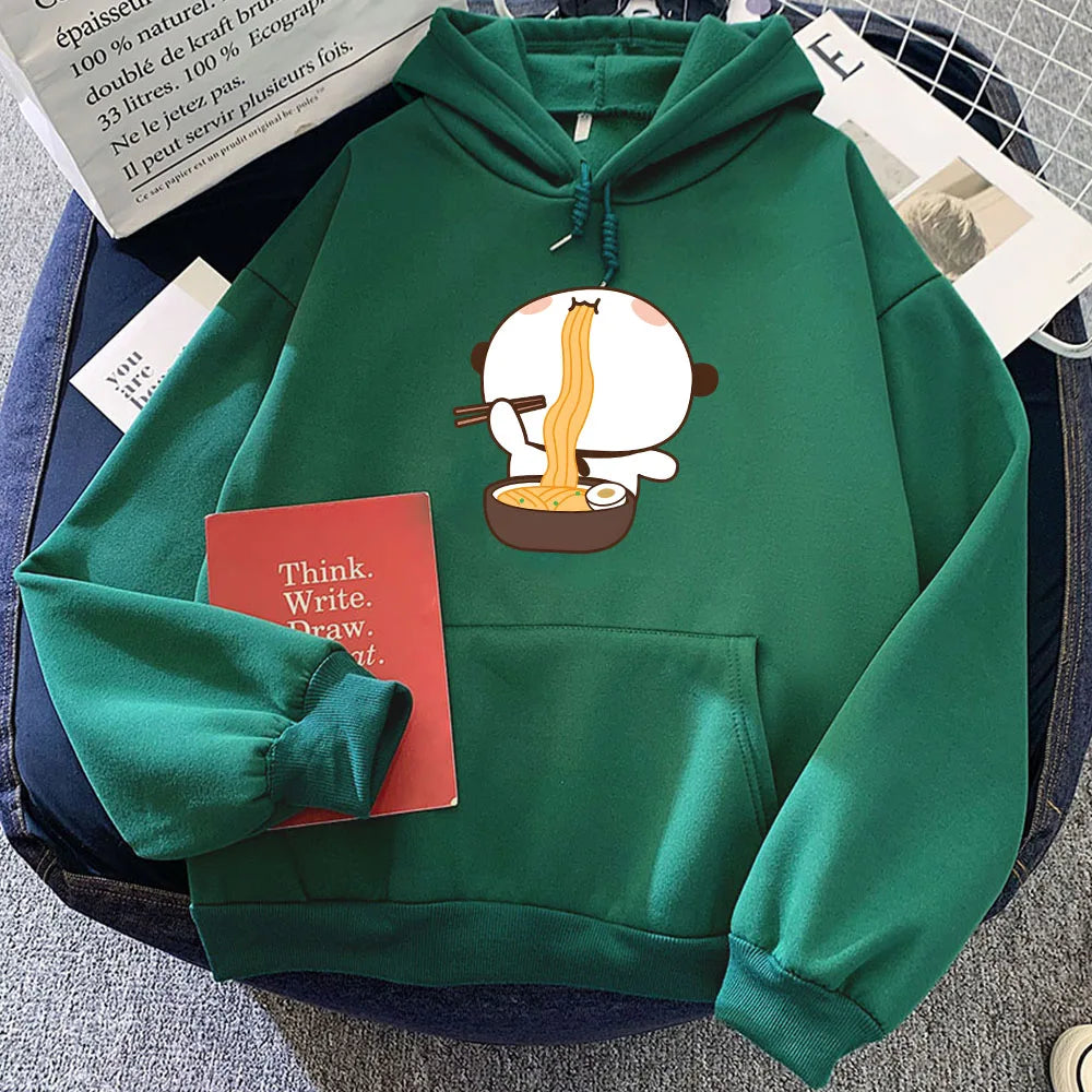 Cartoon Panda Bear Bubu Dudu Printing Hoodies Eating Ramen Graphic Sweatshirts Long Sleeve Women Winter Fleece Pullovers Kawaii