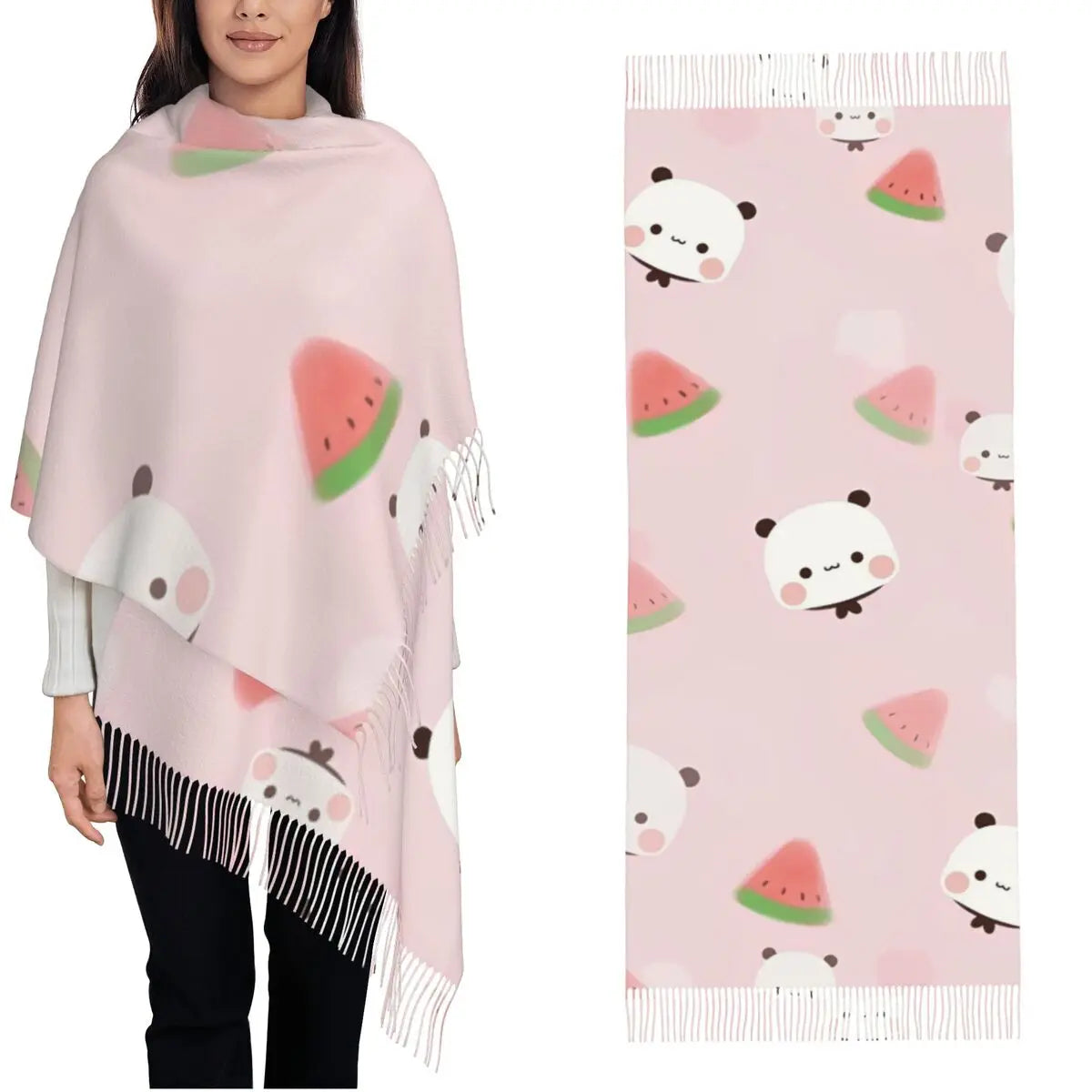 Womens Tassel Scarf Bubu Dudu Panda Bears Cartoon Large Winter Warm Shawl Wrap Cherry Heart Daily Wear Cashmere Scarf