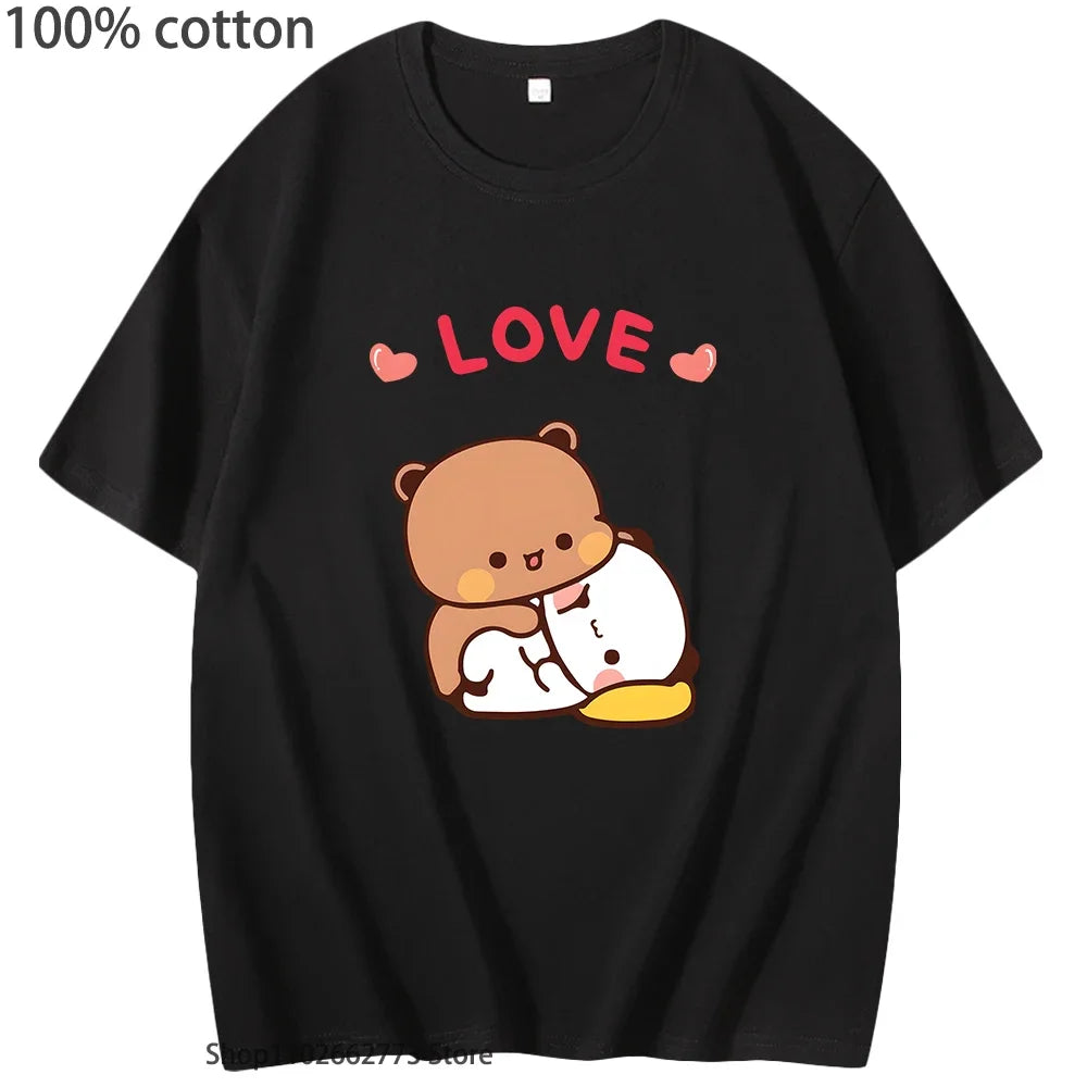 Bubu Dudu Hugs Love Graphic T-Shirts Cute Panda Bear Shirt Girls Kawaii Print Casual 100%Cotton Tees Women Clothes Men Clothing