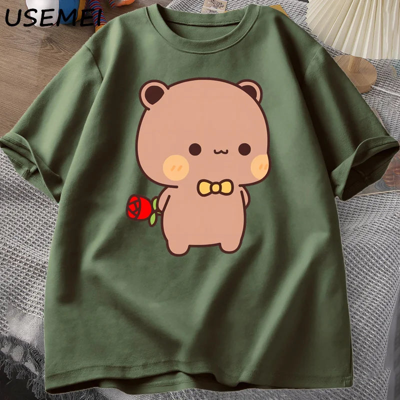DuDu Bear Surprising Panda BuBu with A Flower T-shirt Funny Cute Buu Duu Graphic T Shirts Women Men Couple T Shirt Clothes