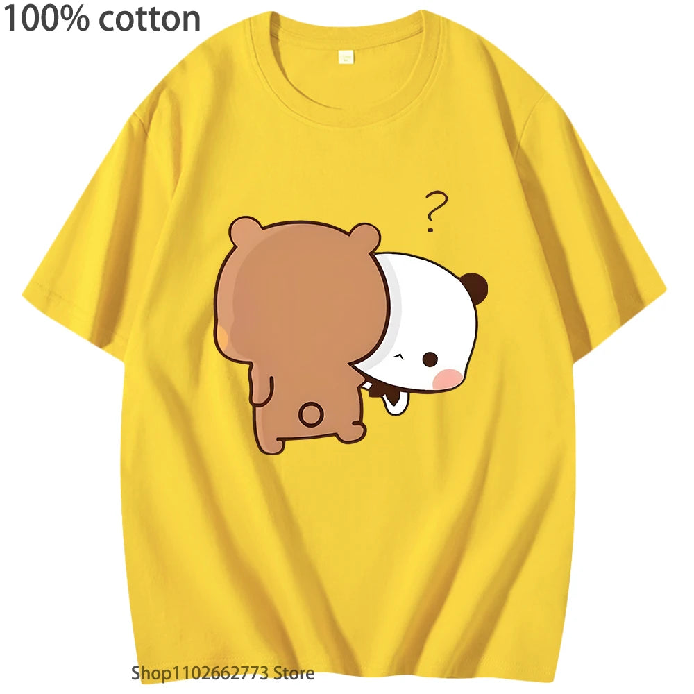 DuDu Bear Running Carrying His Love BuBu Panda T-Shirts Kawaii Print Tshirts 100% Cotton Tops Y2k Clothes Women Men Tees Unisex