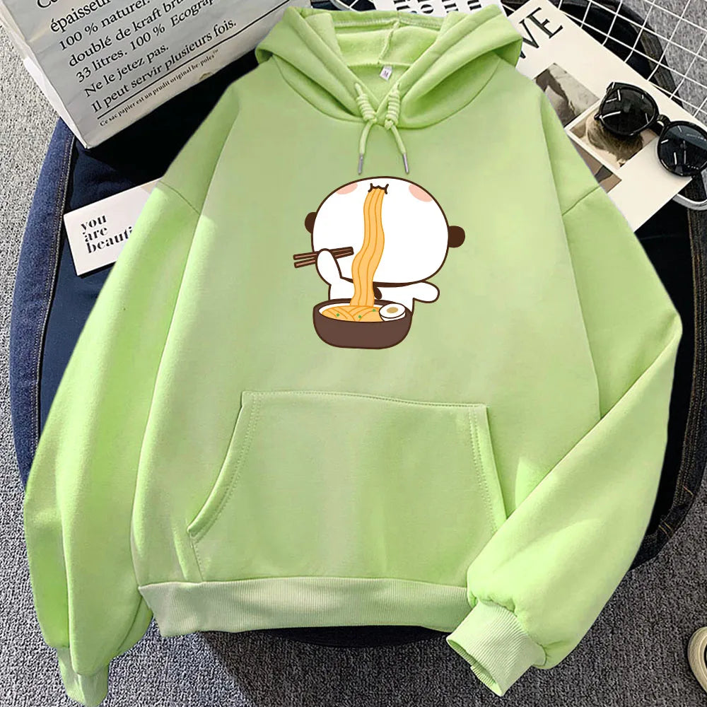 Cartoon Panda Bear Bubu Dudu Printing Hoodies Eating Ramen Graphic Sweatshirts Long Sleeve Women Winter Fleece Pullovers Kawaii