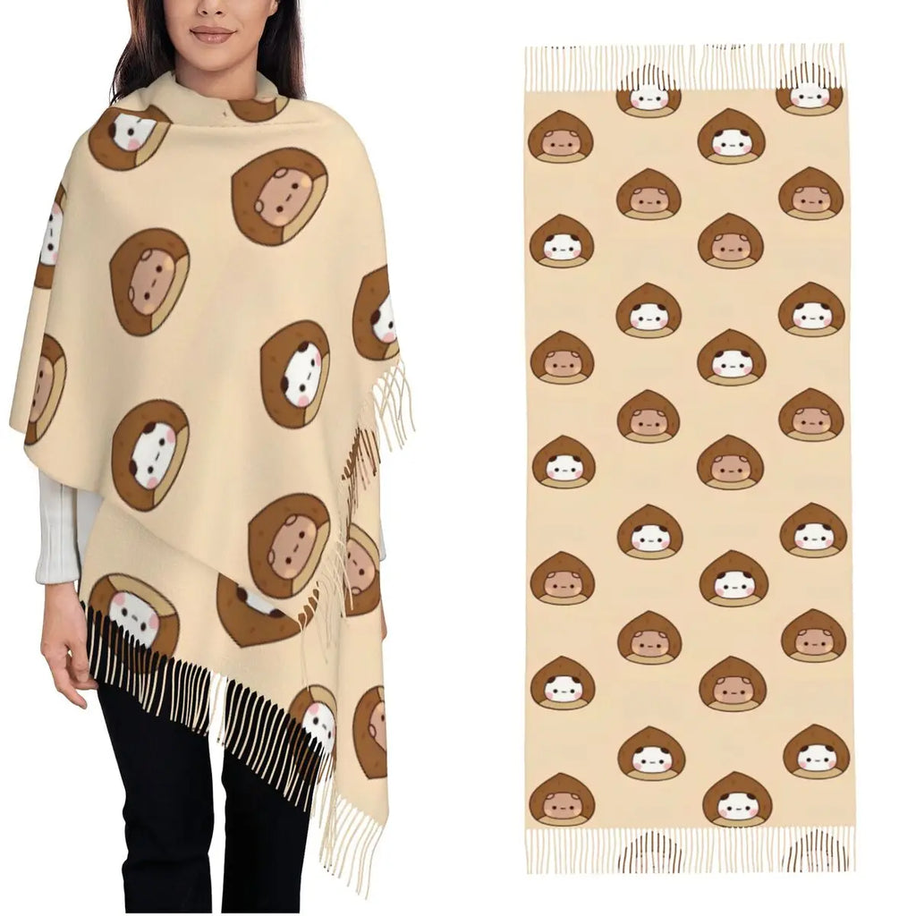 Womens Tassel Scarf Bubu Dudu Panda Bears Cartoon Large Winter Warm Shawl Wrap Cherry Heart Daily Wear Cashmere Scarf