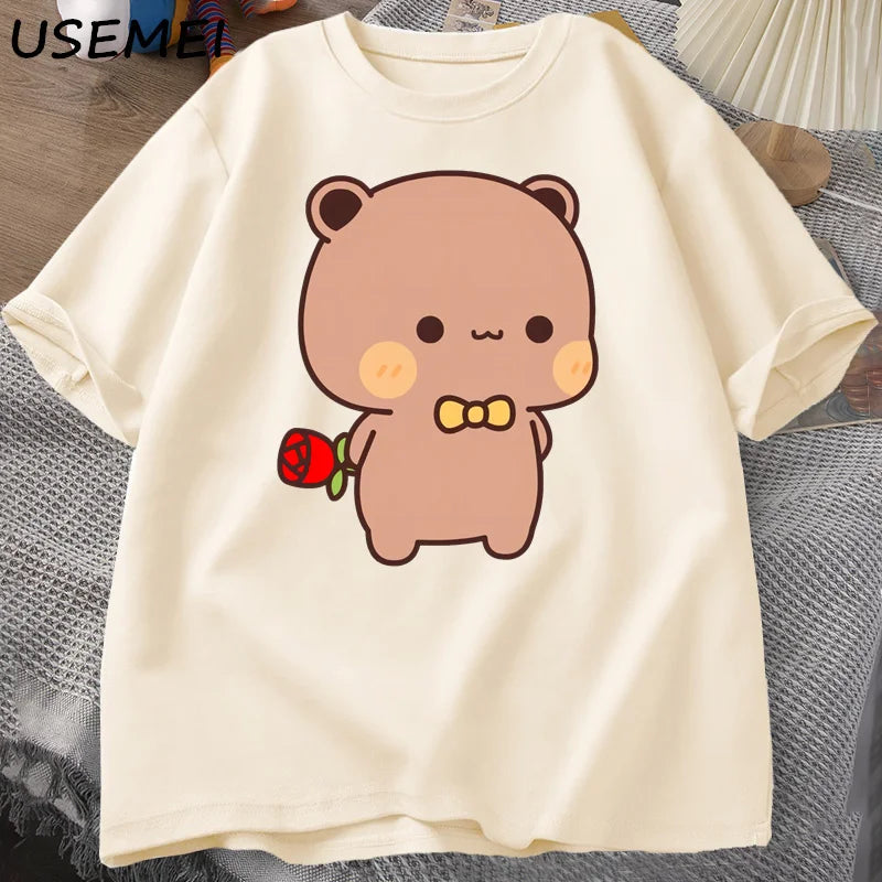 DuDu Bear Surprising Panda BuBu with A Flower T-shirt Funny Cute Buu Duu Graphic T Shirts Women Men Couple T Shirt Clothes