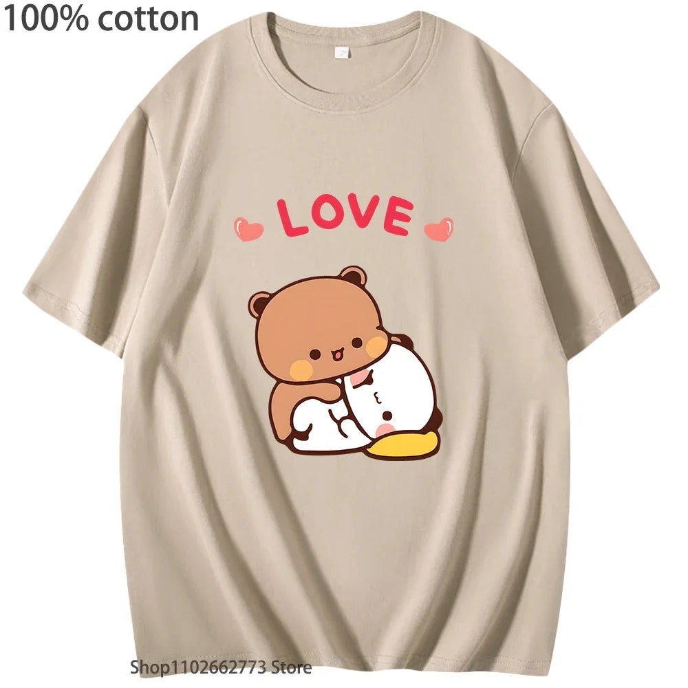 Bubu Dudu Hugs Love Graphic T-Shirts Cute Panda Bear Shirt Girls Kawaii Print Casual 100%Cotton Tees Women Clothes Men Clothing