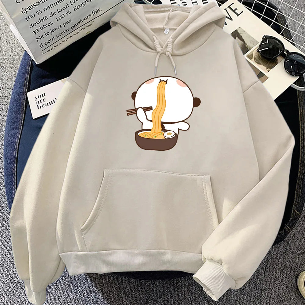 Cartoon Panda Bear Bubu Dudu Printing Hoodies Eating Ramen Graphic Sweatshirts Long Sleeve Women Winter Fleece Pullovers Kawaii
