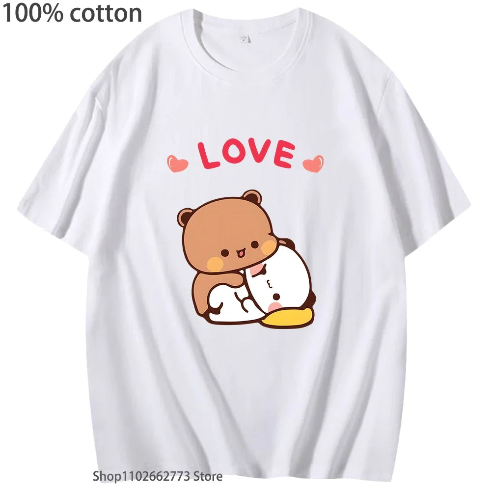 Bubu Dudu Hugs Love Graphic T-Shirts Cute Panda Bear Shirt Girls Kawaii Print Casual 100%Cotton Tees Women Clothes Men Clothing