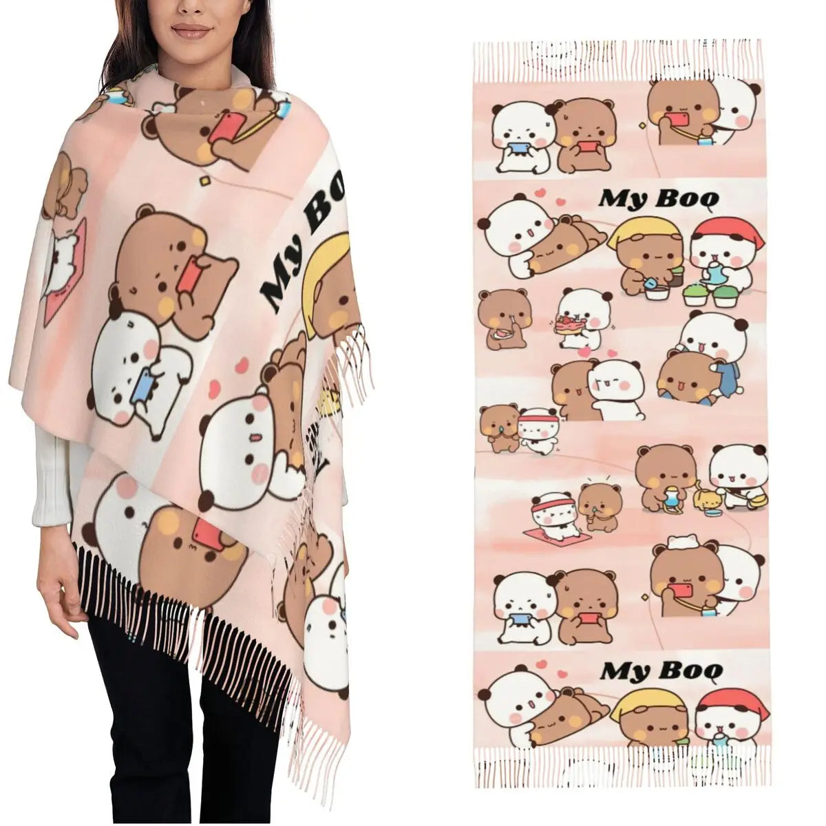 Womens Tassel Scarf Bubu Dudu Panda Bears Cartoon Large Winter Warm Shawl Wrap Cherry Heart Daily Wear Cashmere Scarf