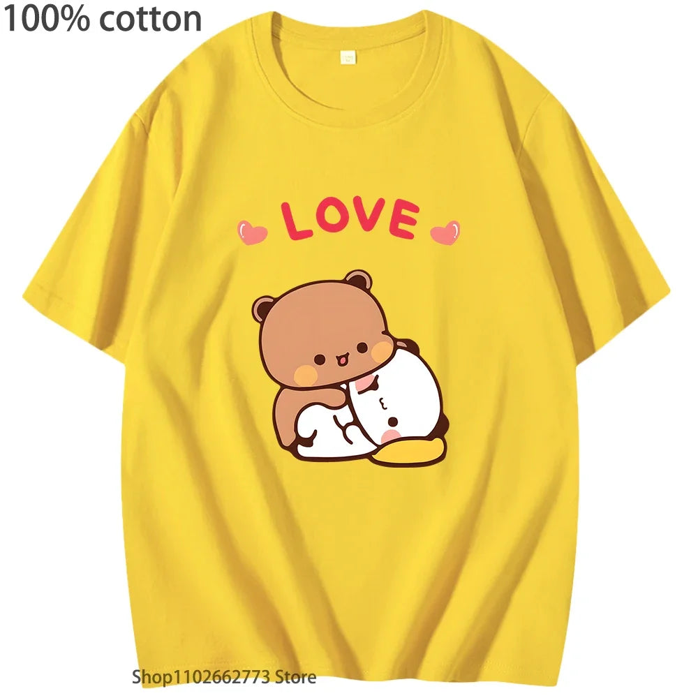 Bubu Dudu Hugs Love Graphic T-Shirts Cute Panda Bear Shirt Girls Kawaii Print Casual 100%Cotton Tees Women Clothes Men Clothing
