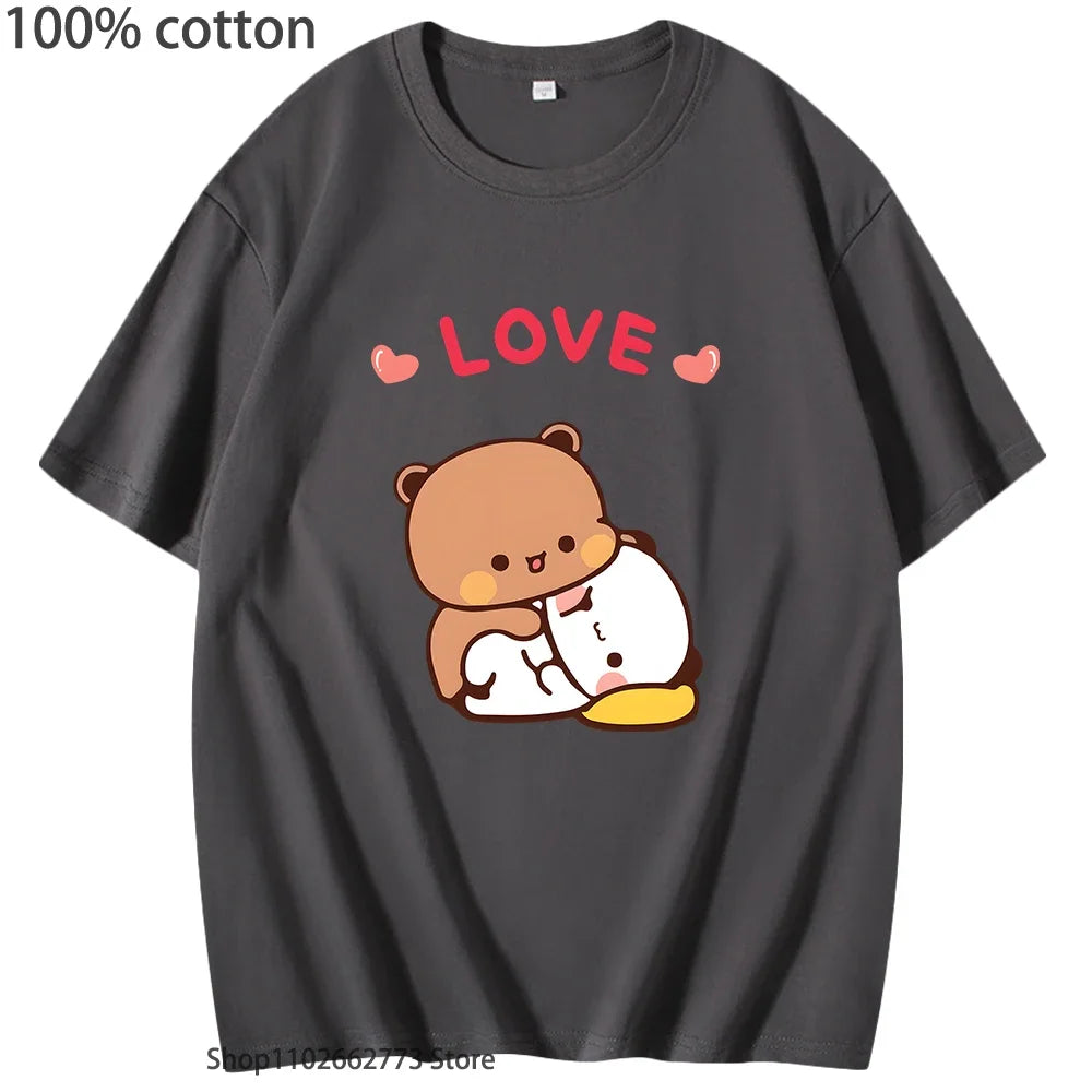 Bubu Dudu Hugs Love Graphic T-Shirts Cute Panda Bear Shirt Girls Kawaii Print Casual 100%Cotton Tees Women Clothes Men Clothing