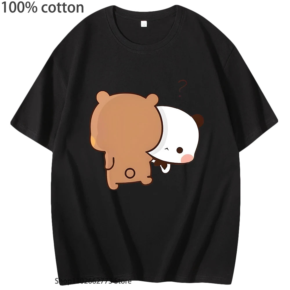 DuDu Bear Running Carrying His Love BuBu Panda T-Shirts Kawaii Print Tshirts 100% Cotton Tops Y2k Clothes Women Men Tees Unisex