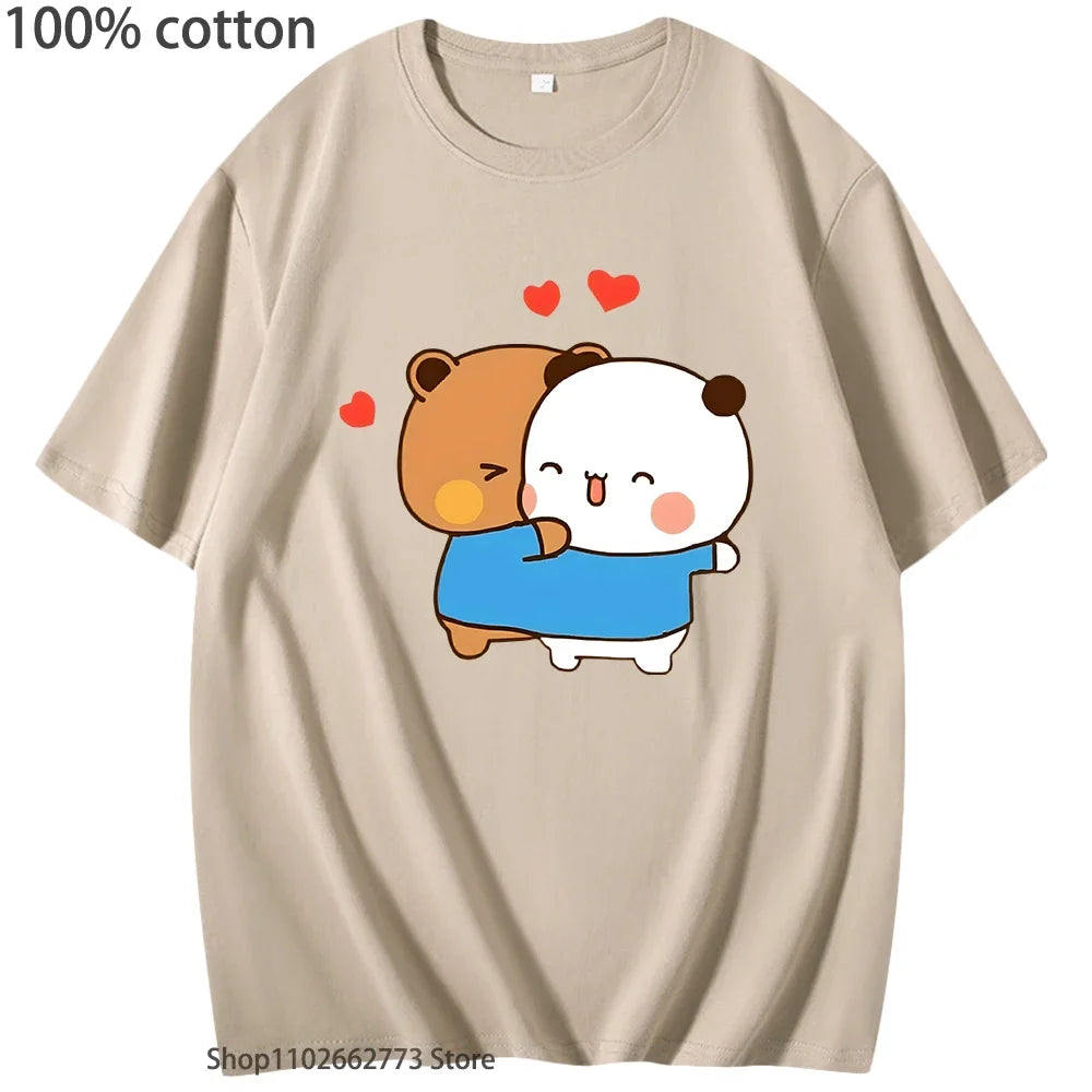 Funny Bubu and Dudu T-Shirts Panda Bear Love Graphic Shirts for Woment Kawaii Cute Girls Tshirt Men's Clothing 100%Cotton Tees