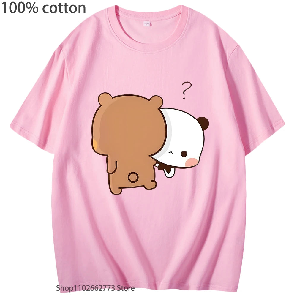 DuDu Bear Running Carrying His Love BuBu Panda T-Shirts Kawaii Print Tshirts 100% Cotton Tops Y2k Clothes Women Men Tees Unisex