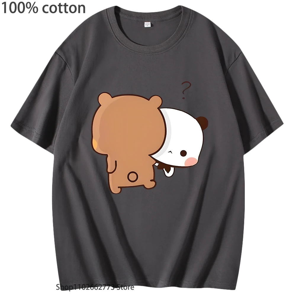 DuDu Bear Running Carrying His Love BuBu Panda T-Shirts Kawaii Print Tshirts 100% Cotton Tops Y2k Clothes Women Men Tees Unisex