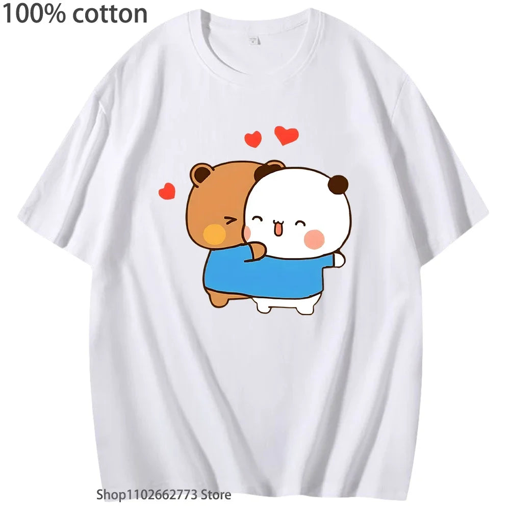Funny Bubu and Dudu T-Shirts Panda Bear Love Graphic Shirts for Woment Kawaii Cute Girls Tshirt Men's Clothing 100%Cotton Tees