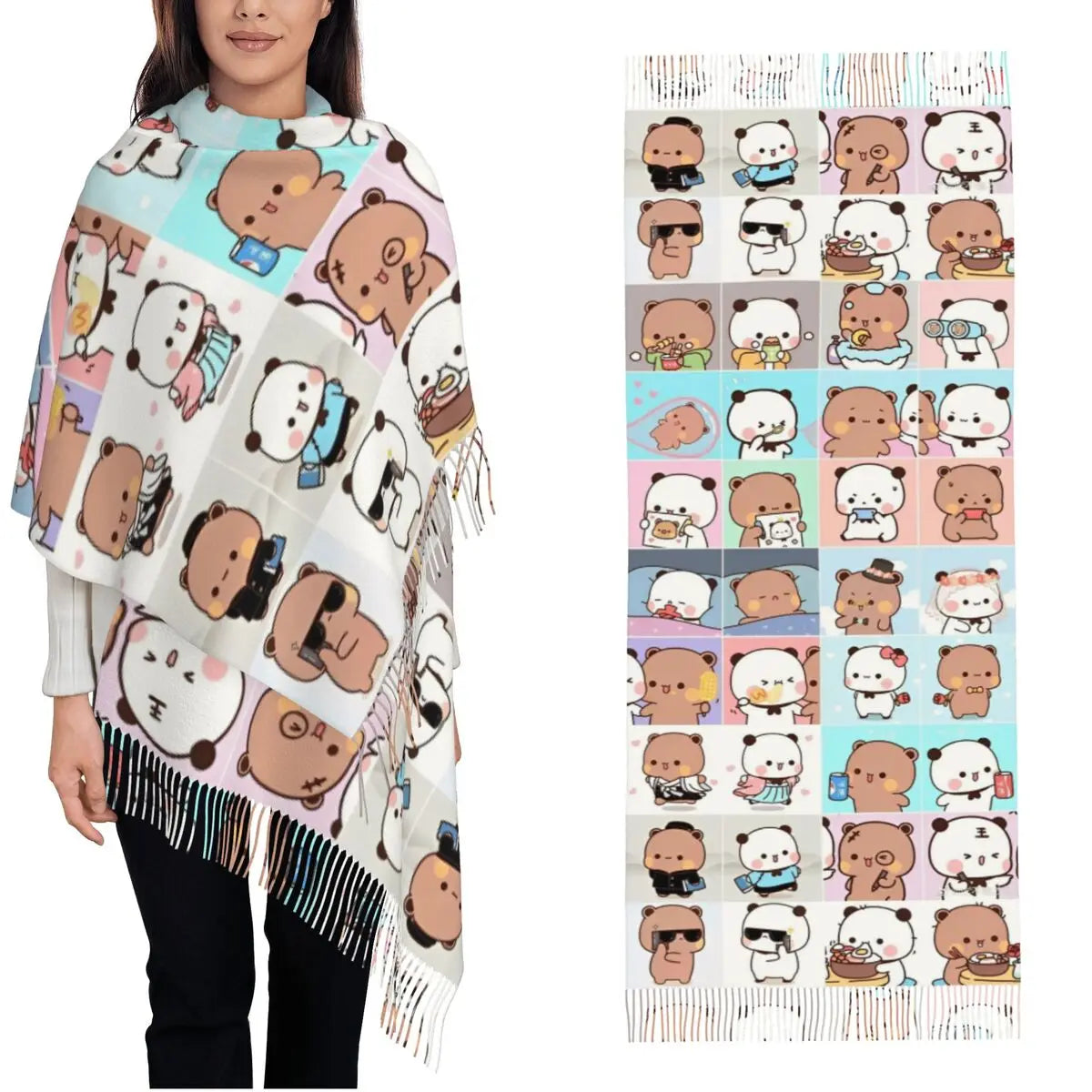 Womens Tassel Scarf Bubu Dudu Panda Bears Cartoon Large Winter Warm Shawl Wrap Cherry Heart Daily Wear Cashmere Scarf