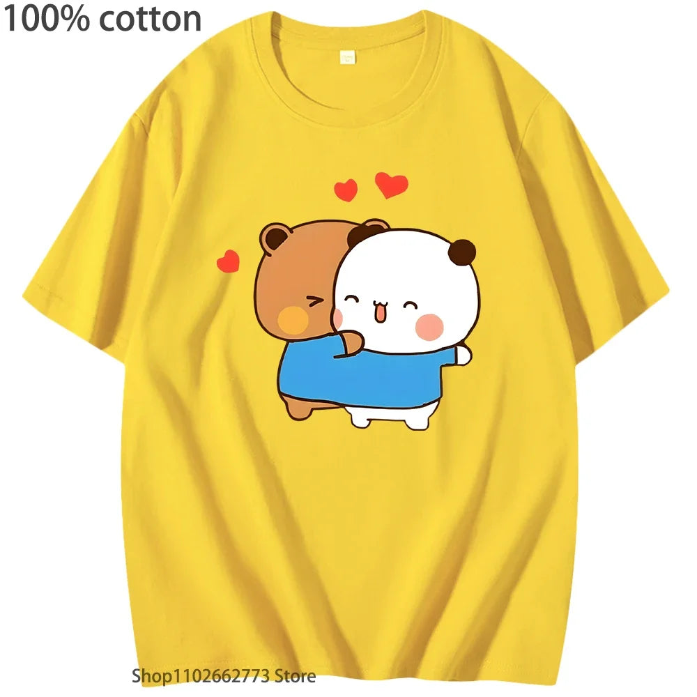 Funny Bubu and Dudu T-Shirts Panda Bear Love Graphic Shirts for Woment Kawaii Cute Girls Tshirt Men's Clothing 100%Cotton Tees