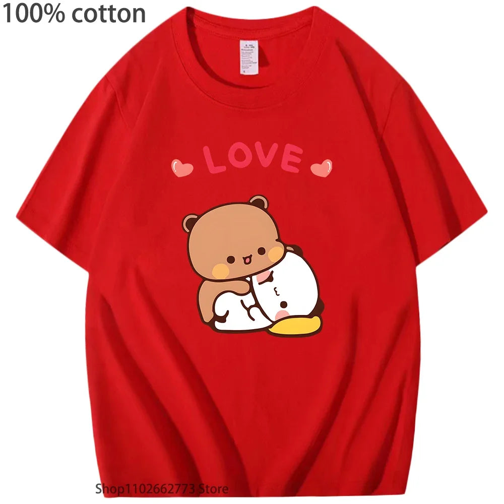 Bubu Dudu Hugs Love Graphic T-Shirts Cute Panda Bear Shirt Girls Kawaii Print Casual 100%Cotton Tees Women Clothes Men Clothing