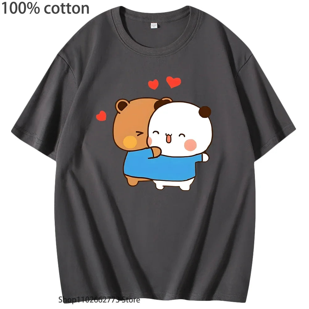 Funny Bubu and Dudu T-Shirts Panda Bear Love Graphic Shirts for Woment Kawaii Cute Girls Tshirt Men's Clothing 100%Cotton Tees