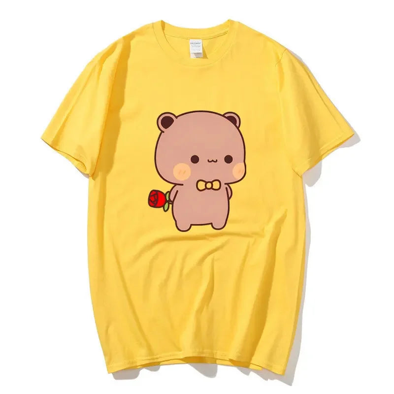 DuDu Bear Surprising Panda BuBu with A Flower T-shirt Funny Cute Buu Duu Graphic T Shirts Women Men Couple T Shirt Clothes S-XXL