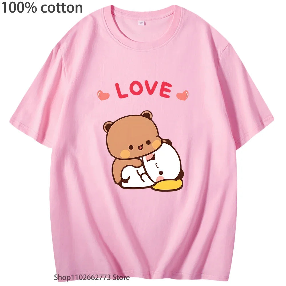 Bubu Dudu Hugs Love Graphic T-Shirts Cute Panda Bear Shirt Girls Kawaii Print Casual 100%Cotton Tees Women Clothes Men Clothing