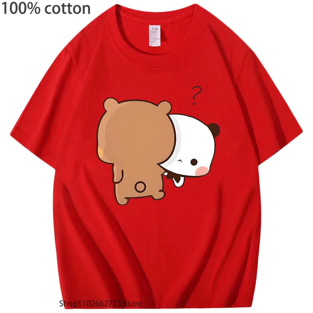 DuDu Bear Running Carrying His Love BuBu Panda T-Shirts Kawaii Print Tshirts 100% Cotton Tops Y2k Clothes Women Men Tees Unisex
