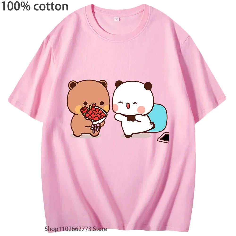 Cute Dudu T-Shirts Is Welcome Home Bubu Graphic Shirt Women Men Casual Kawaii Panda Bear Print Tees Summer 100% Cotton Tshirt