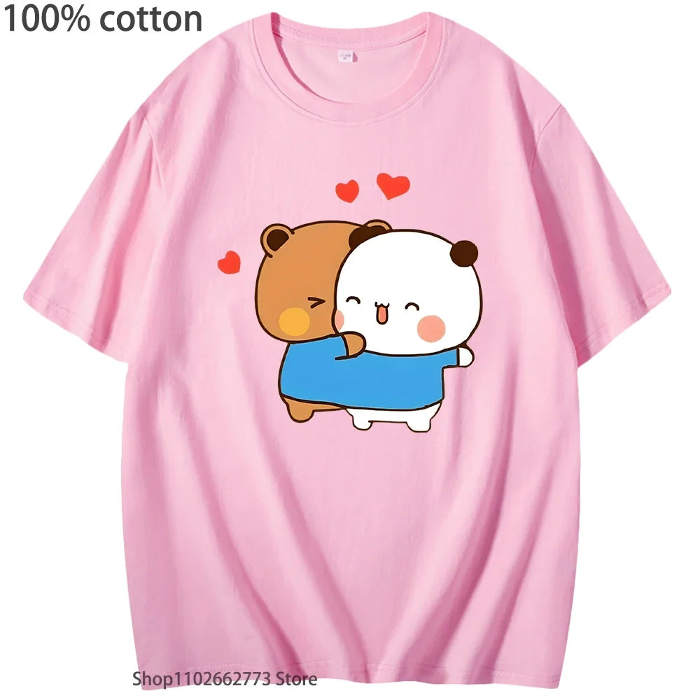 Funny Bubu and Dudu T-Shirts Panda Bear Love Graphic Shirts for Woment Kawaii Cute Girls Tshirt Men's Clothing 100%Cotton Tees