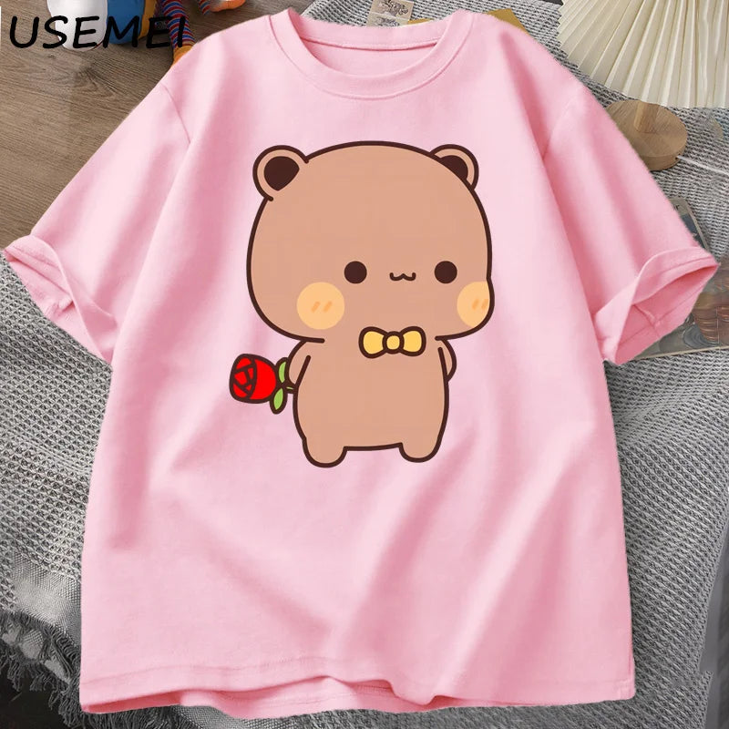DuDu Bear Surprising Panda BuBu with A Flower T-shirt Funny Cute Buu Duu Graphic T Shirts Women Men Couple T Shirt Clothes