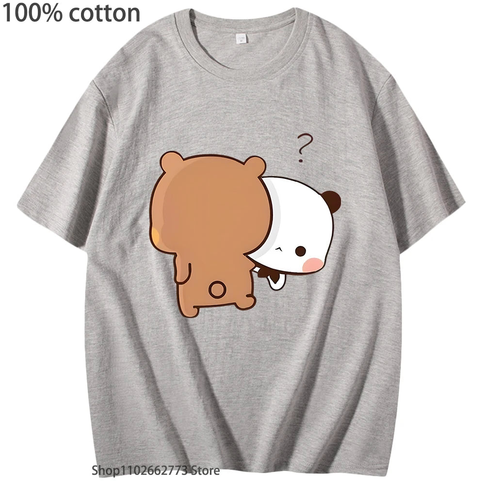 DuDu Bear Running Carrying His Love BuBu Panda T-Shirts Kawaii Print Tshirts 100% Cotton Tops Y2k Clothes Women Men Tees Unisex