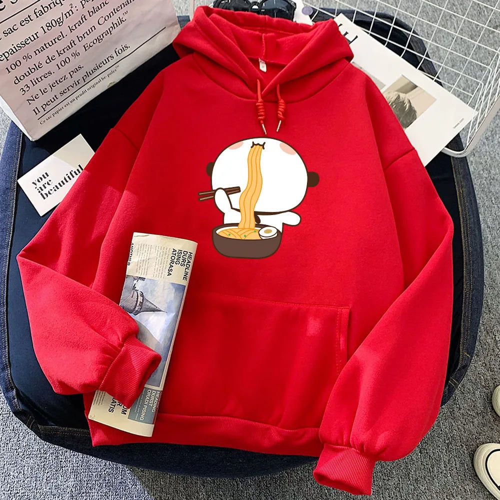 Cartoon Panda Bear Bubu Dudu Printing Hoodies Eating Ramen Graphic Sweatshirts Long Sleeve Women Winter Fleece Pullovers Kawaii