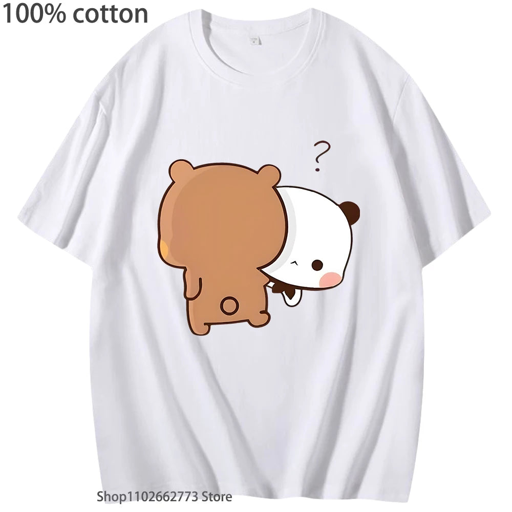 DuDu Bear Running Carrying His Love BuBu Panda T-Shirts Kawaii Print Tshirts 100% Cotton Tops Y2k Clothes Women Men Tees Unisex