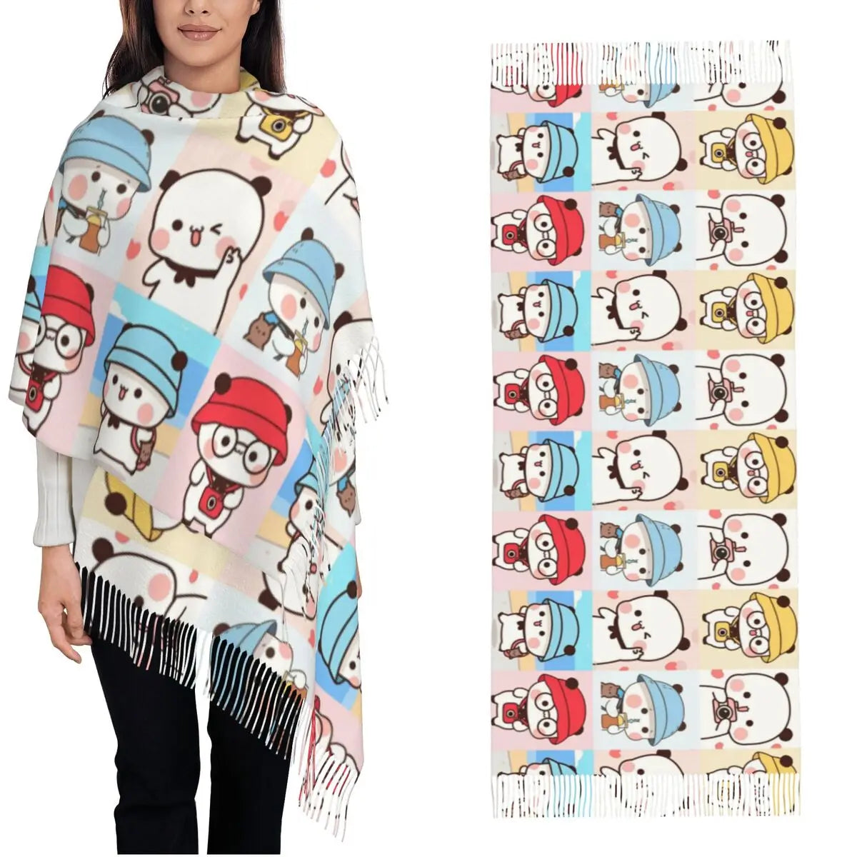 Womens Tassel Scarf Bubu Dudu Panda Bears Cartoon Large Winter Warm Shawl Wrap Cherry Heart Daily Wear Cashmere Scarf