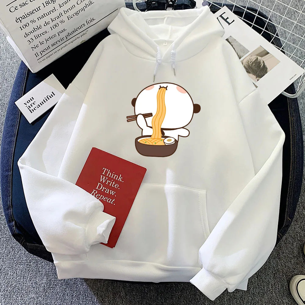 Cartoon Panda Bear Bubu Dudu Printing Hoodies Eating Ramen Graphic Sweatshirts Long Sleeve Women Winter Fleece Pullovers Kawaii